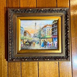 Vintage oil painting of Paris street scene in gold and black wood frame